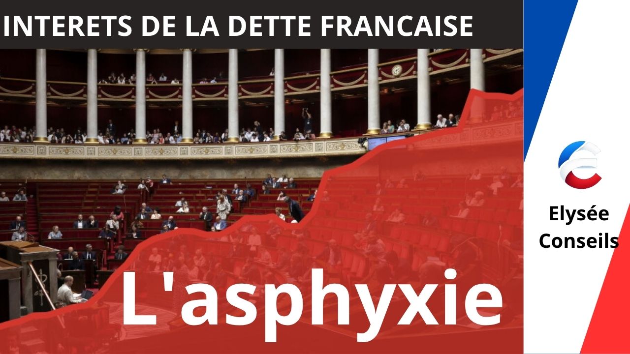 Hémicycle de l’Assemblée nationale et courbe ascendante rouge symbolisant la charge d’intérêts de la dette française