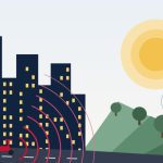 Illustration : une ville nocturne saturée d'ondes sonores rouges émises par un scooter laisse place, au fil de la route, à des collines paisibles, des arbres et un soleil levant