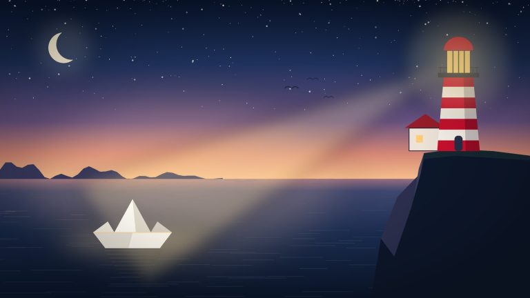 Illustration au crépuscule : un phare à bandes rouges et blanches, sur une falaise, projette son faisceau sur un petit bateau en papier qui flotte sur une mer calme.