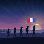 Illustration en contre-jour : cinq jeunes marchent sur une crête vers un soleil levant, le premier porte le drapeau tricolore ; une forêt de sapins et un bâtiment militaire se découpent à l'horizon