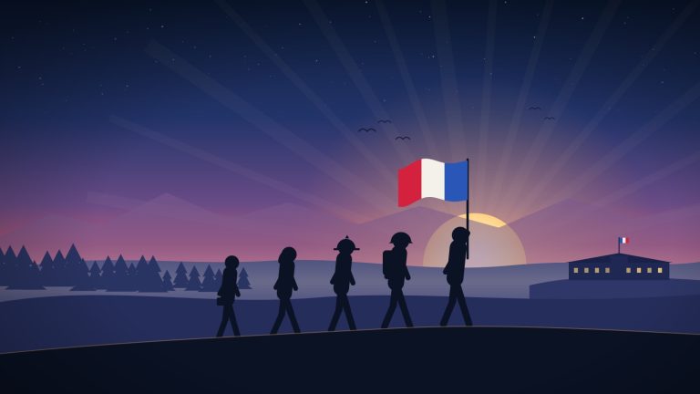 Illustration en contre-jour : cinq jeunes marchent sur une crête vers un soleil levant, le premier porte le drapeau tricolore ; une forêt de sapins et un bâtiment militaire se découpent à l'horizon