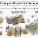 Illustration « Le capitalisme peut-il survivre à l’économie verte ? » : une frise en trois temps, des origines agraires au 19e siècle industriel, puis au 21e siècle de l’économie contributive centrée sur le social