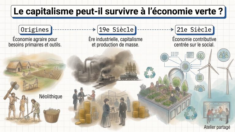 Illustration « Le capitalisme peut-il survivre à l’économie verte ? » : une frise en trois temps, des origines agraires au 19e siècle industriel, puis au 21e siècle de l’économie contributive centrée sur le social