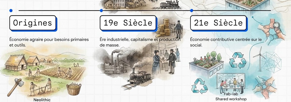 Frise : économie agraire pour les besoins primaires, ère industrielle et production de masse au 19e siècle, économie contributive centrée sur le social au 21e siècle