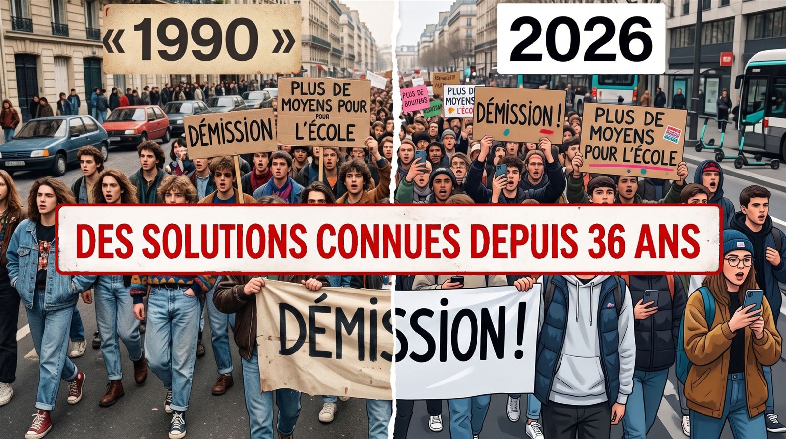 Illustration en deux volets : des lycéens manifestent en 1990 et en 2026 avec les mêmes pancartes, « Démission » et « Plus de moyens pour l’école », sous le bandeau « Des solutions connues depuis 36 ans ».