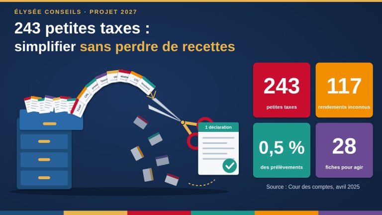 Dessin d'une main armée de ciseaux qui coupe un long ruban de petits formulaires fiscaux sortant d'un classeur débordant, avec les chiffres clés de l'étude : 243 petites taxes, 117 rendements inconnus, 0,5 % des prélèvements, 28 fiches