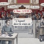 Illustration : en haut l’hémicycle de l’Assemblée nationale où les députés lancent « On dépense ! » et « On s’endette ! » autour du taux 5,13 % en rouge ; en bas, un couple accablé devant un dossier de prêt refusé et un artisan devant sa machine sous bâche.