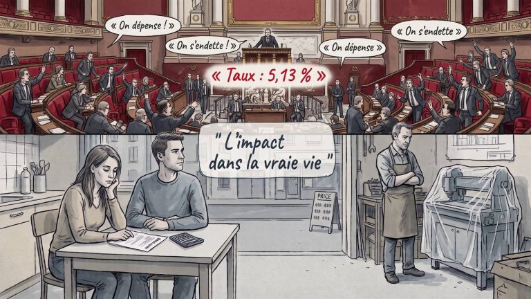 Illustration : en haut l’hémicycle de l’Assemblée nationale où les députés lancent « On dépense ! » et « On s’endette ! » autour du taux 5,13 % en rouge ; en bas, un couple accablé devant un dossier de prêt refusé et un artisan devant sa machine sous bâche.
